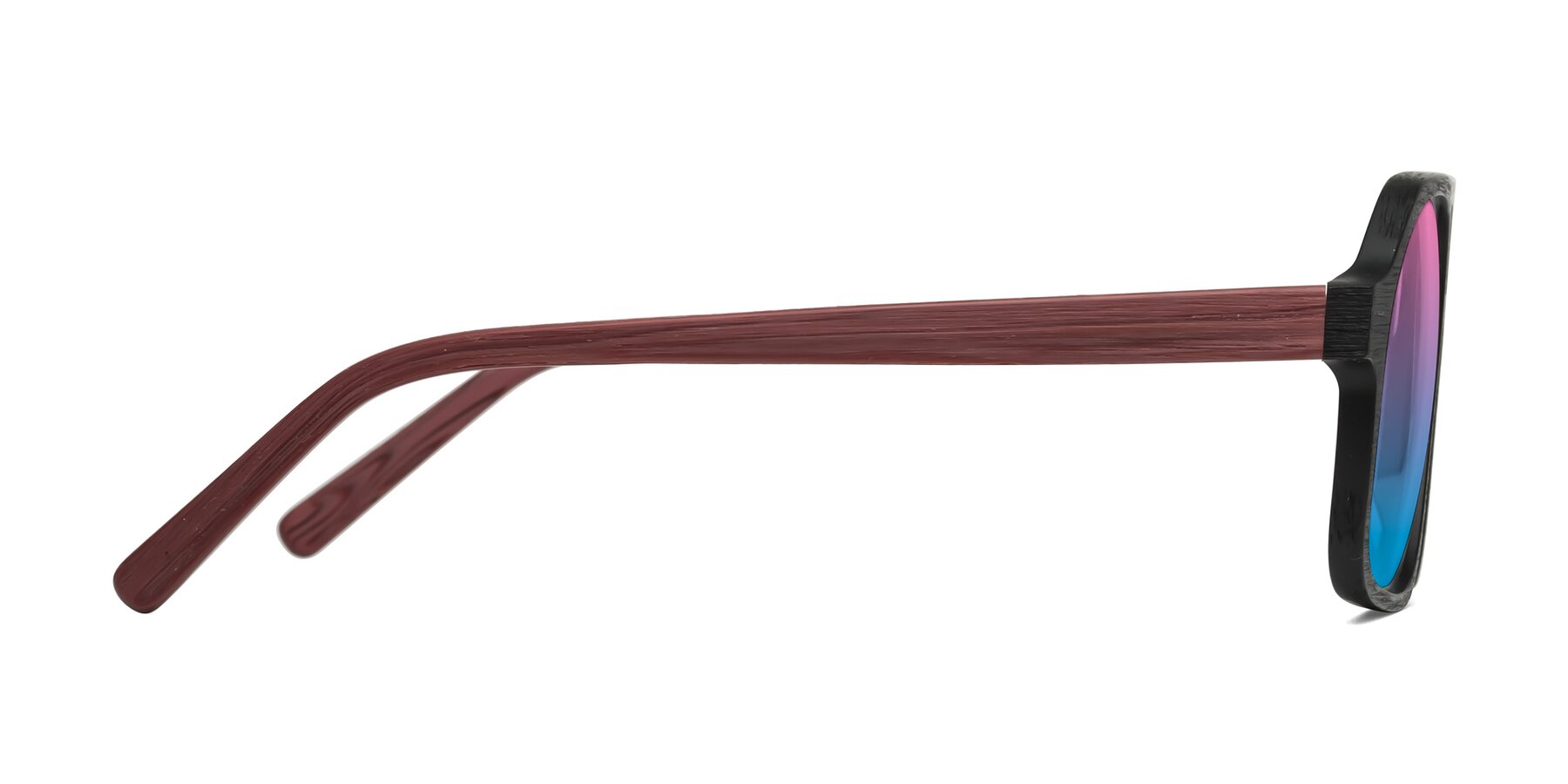 Side of Edwood in Black-Burgundy Woodgrain with Pink / Blue Gradient Lenses