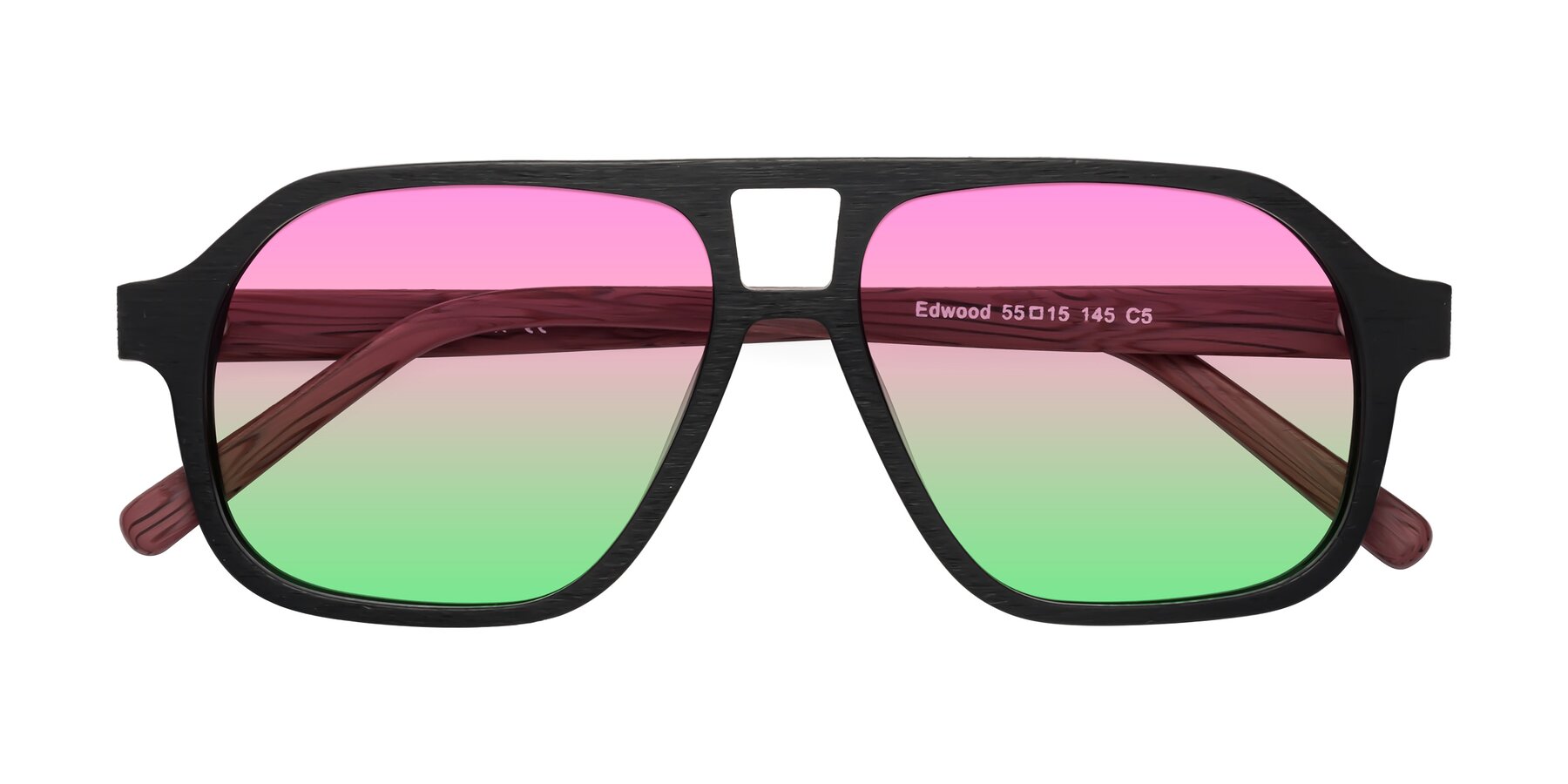 Folded Front of Edwood in Black-Burgundy Woodgrain with Pink / Green Gradient Lenses