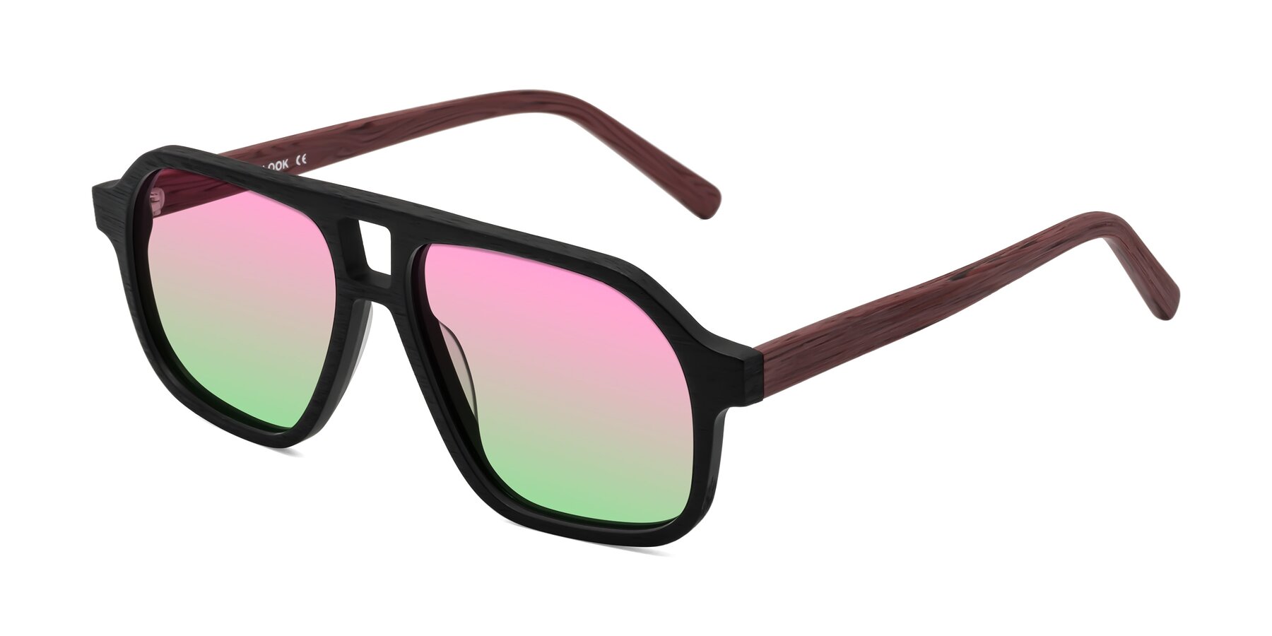 Angle of Edwood in Black-Burgundy Woodgrain with Pink / Green Gradient Lenses