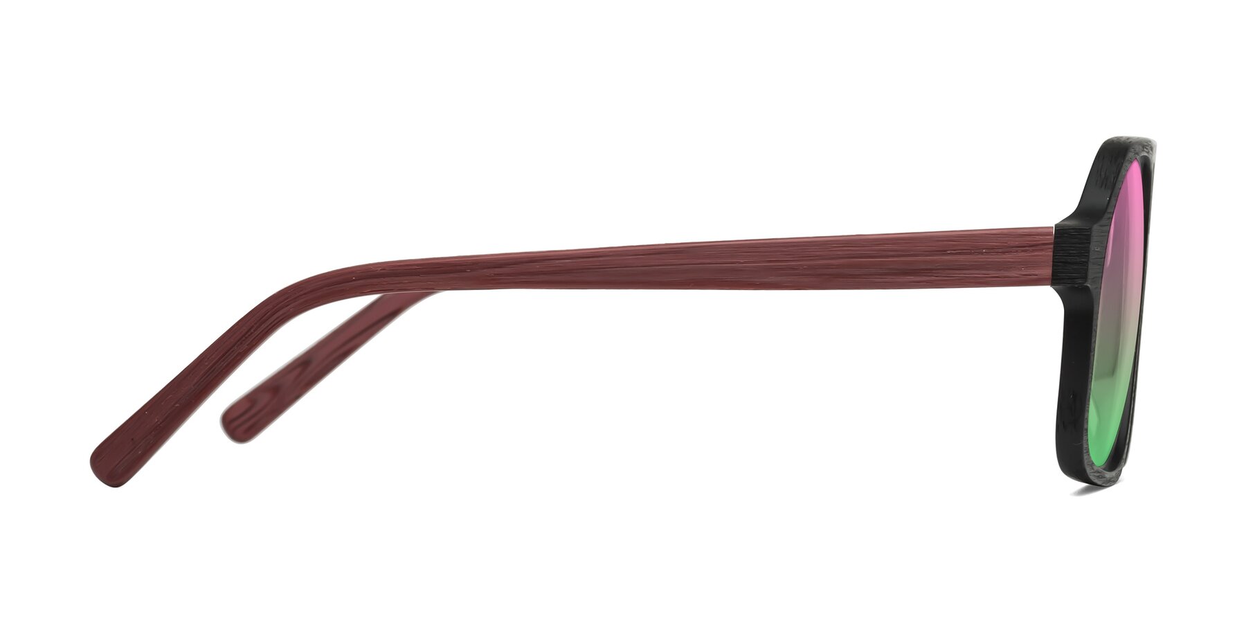 Side of Edwood in Black-Burgundy Woodgrain with Pink / Green Gradient Lenses