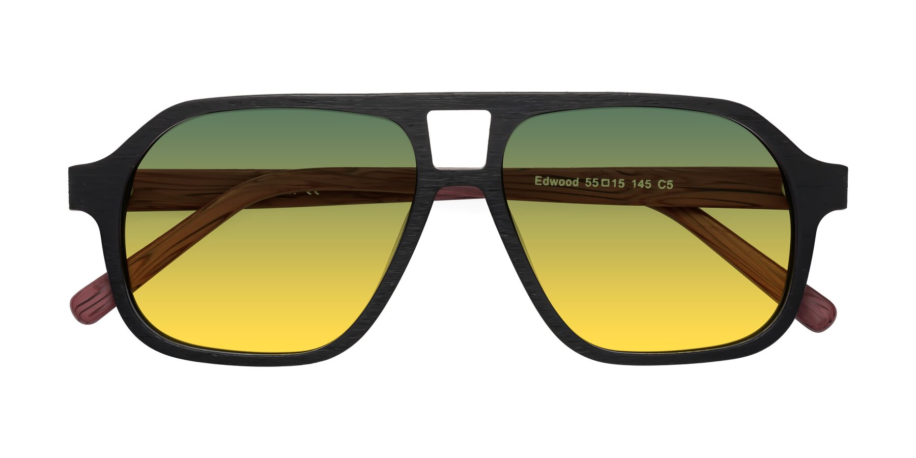 Folded Front of Edwood in Black-Burgundy Woodgrain with Green / Yellow Gradient Lenses