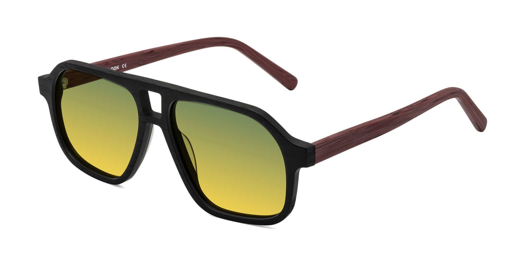 Angle of Edwood in Black-Burgundy Woodgrain with Green / Yellow Gradient Lenses