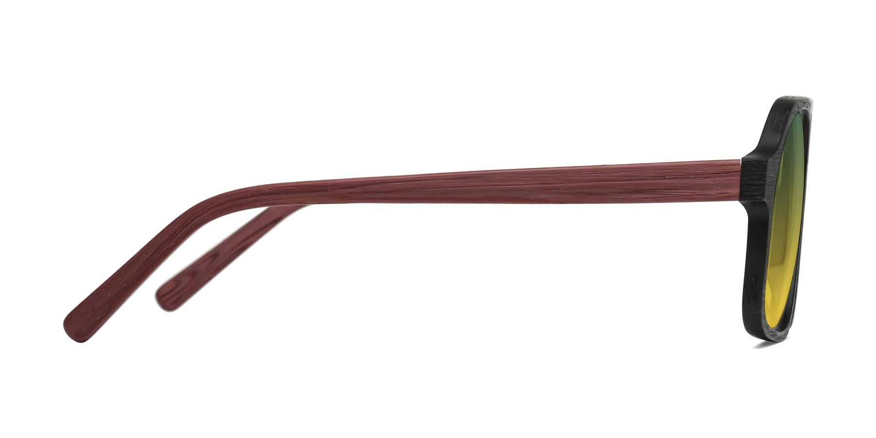 Side of Edwood in Black-Burgundy Woodgrain with Green / Yellow Gradient Lenses