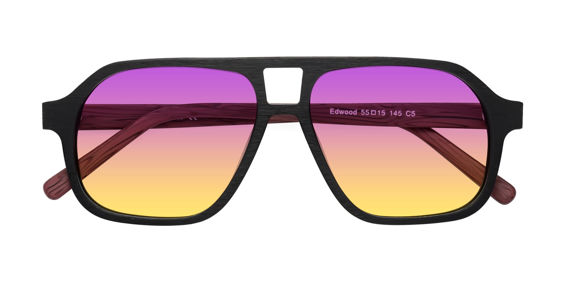 Folded Front of Edwood in Black-Burgundy Woodgrain with Purple / Yellow Gradient Lenses