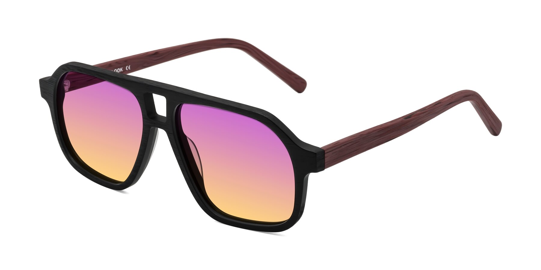 Angle of Edwood in Black-Burgundy Woodgrain with Purple / Yellow Gradient Lenses