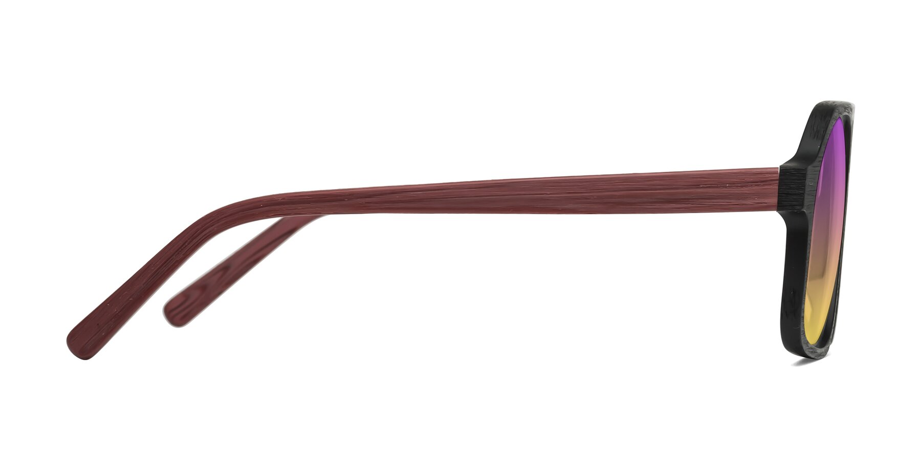 Side of Edwood in Black-Burgundy Woodgrain with Purple / Yellow Gradient Lenses