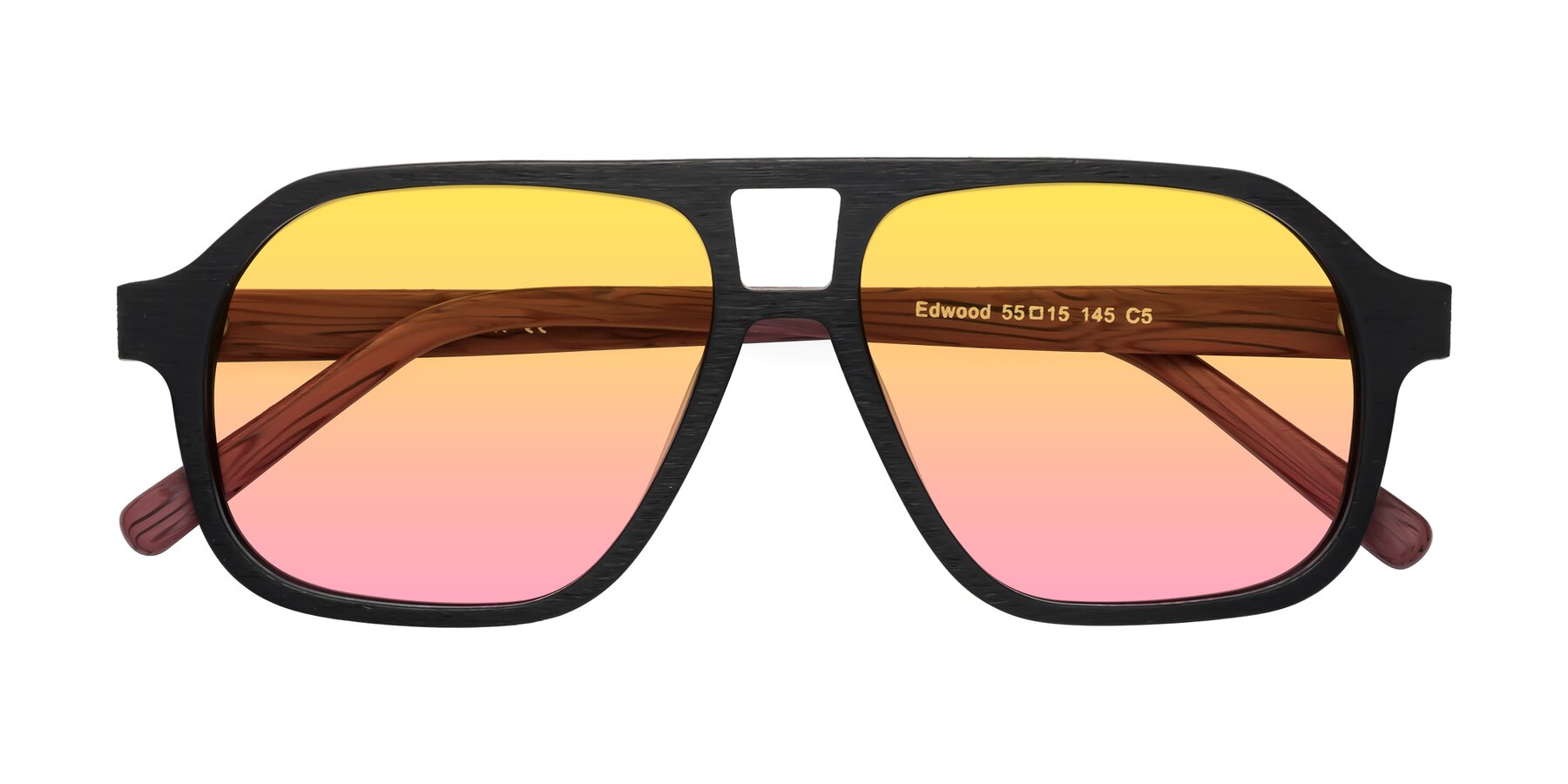 Folded Front of Edwood in Black-Burgundy Woodgrain with Yellow / Pink Gradient Lenses