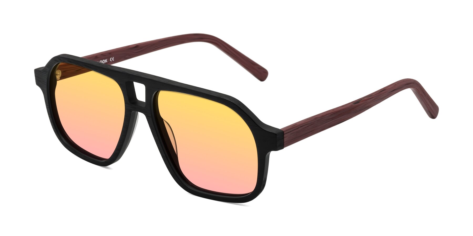 Angle of Edwood in Black-Burgundy Woodgrain with Yellow / Pink Gradient Lenses