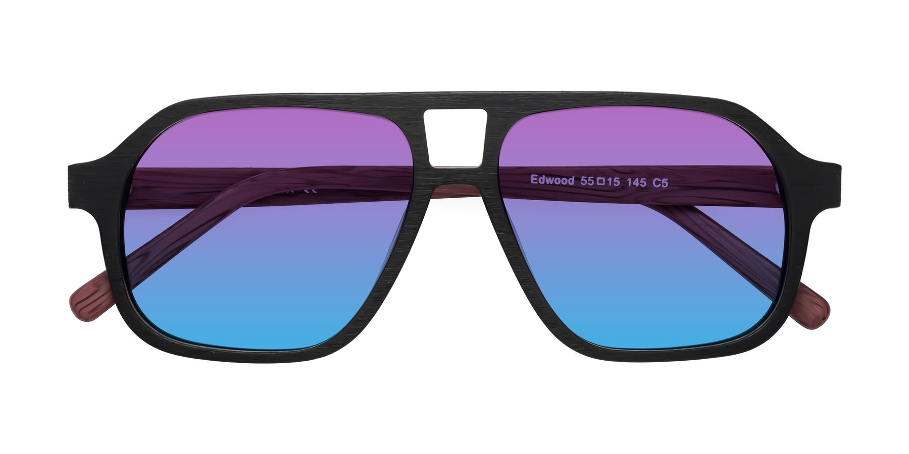 Folded Front of Edwood in Black-Burgundy Woodgrain with Purple / Blue Gradient Lenses