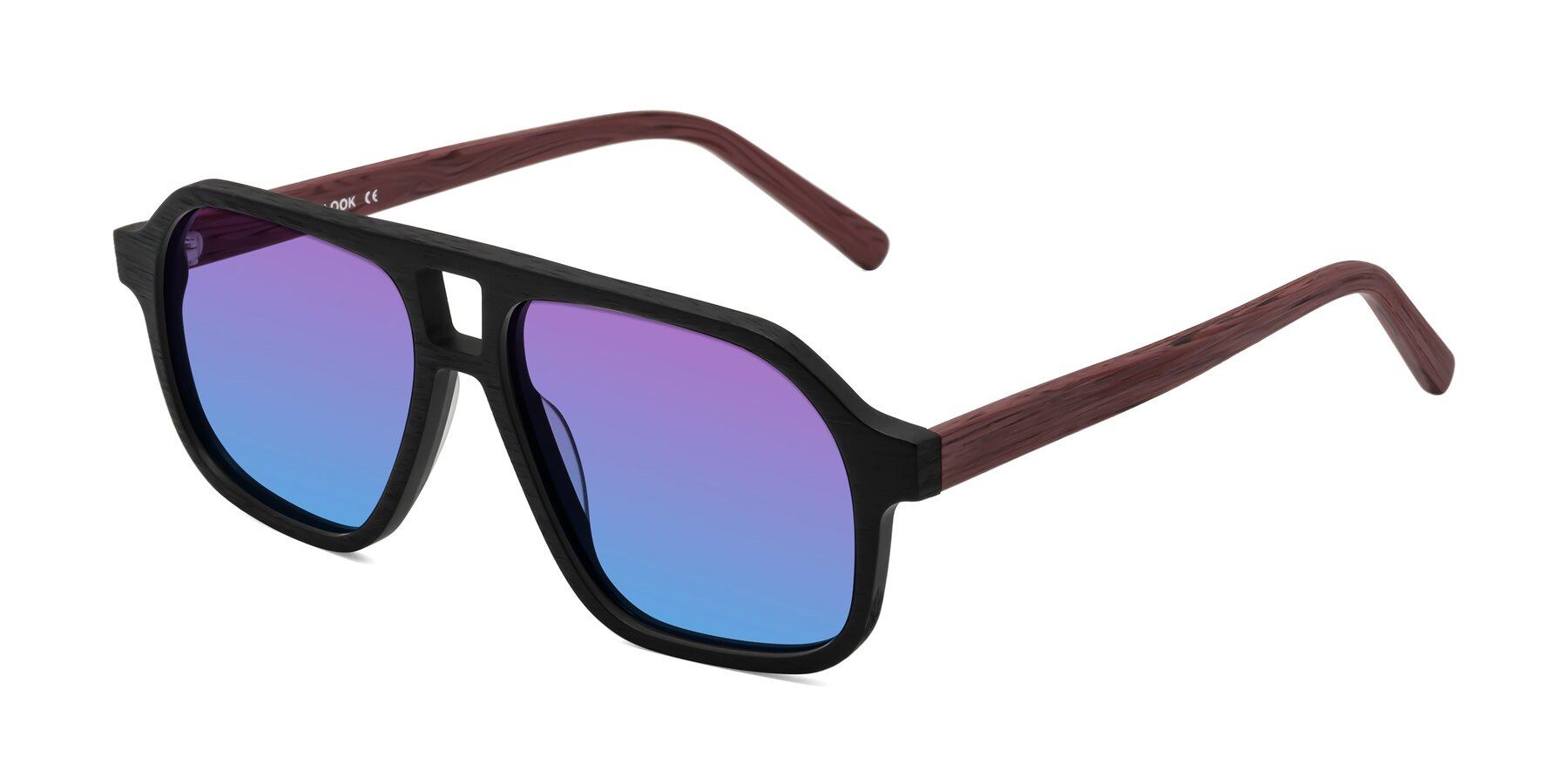 Angle of Edwood in Black-Burgundy Woodgrain with Purple / Blue Gradient Lenses