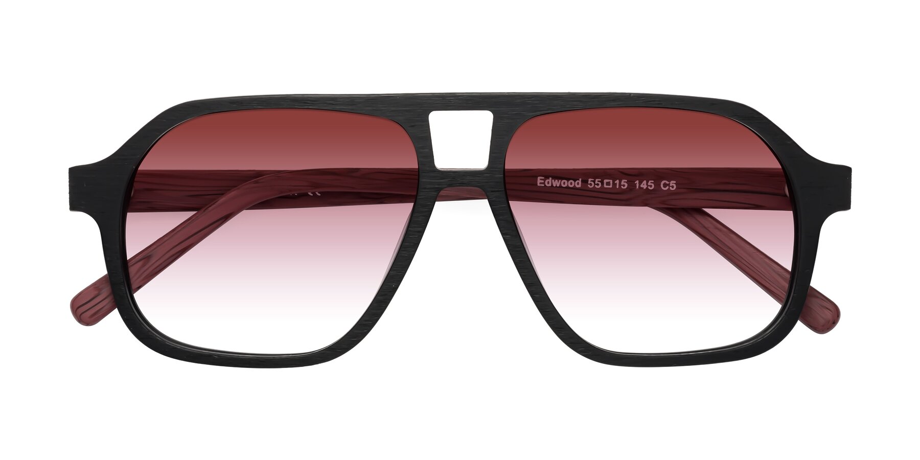 Folded Front of Edwood in Black-Burgundy Woodgrain with Garnet Gradient Lenses