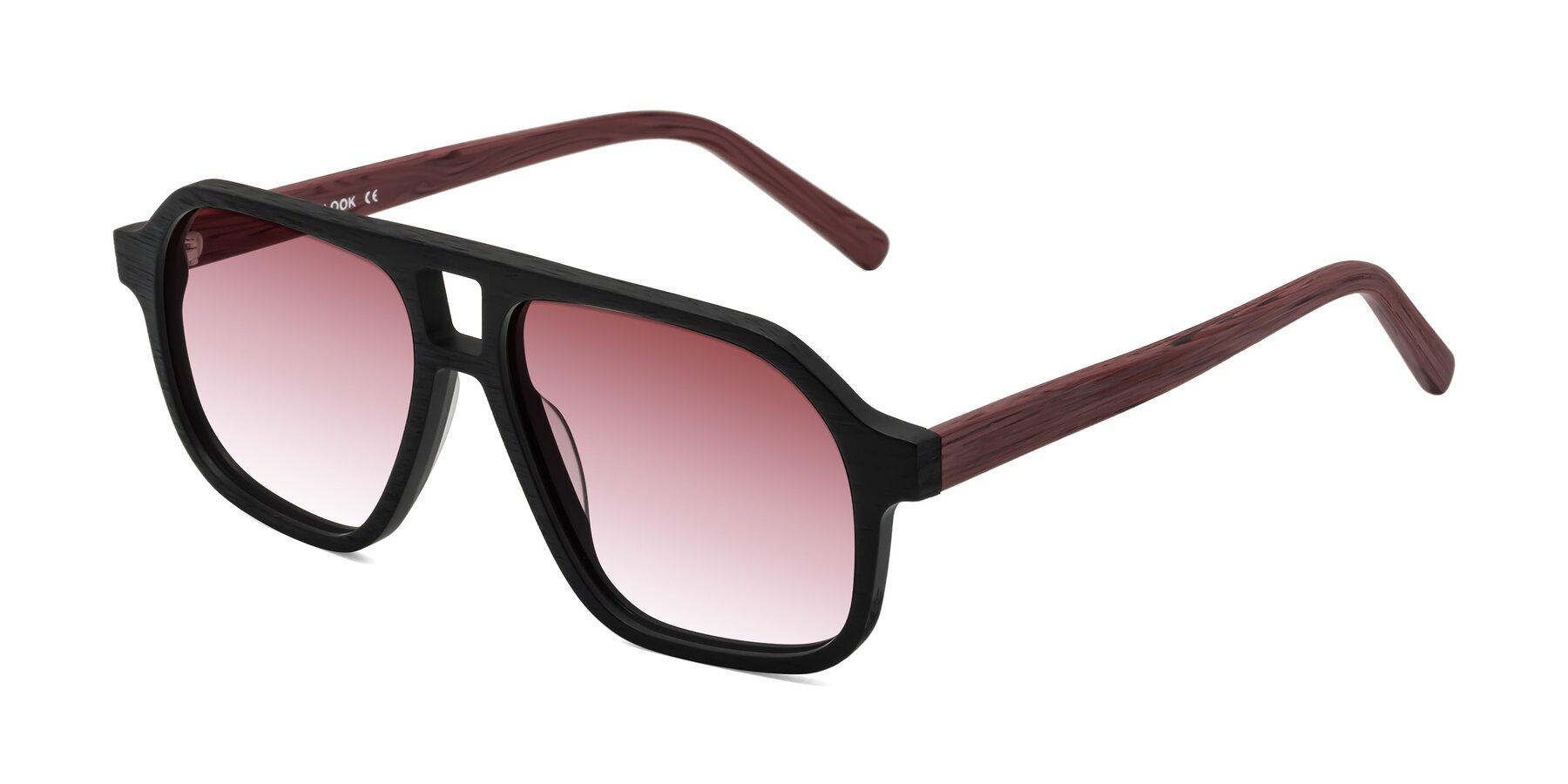 Angle of Edwood in Black-Burgundy Woodgrain with Garnet Gradient Lenses