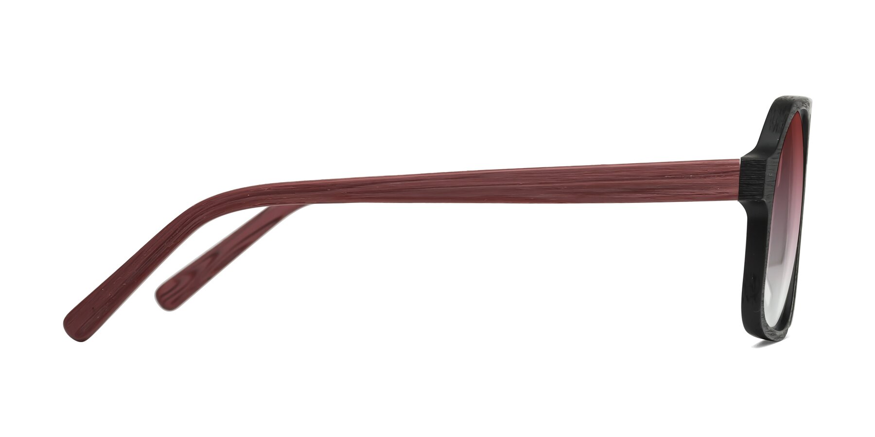 Side of Edwood in Black-Burgundy Woodgrain with Garnet Gradient Lenses