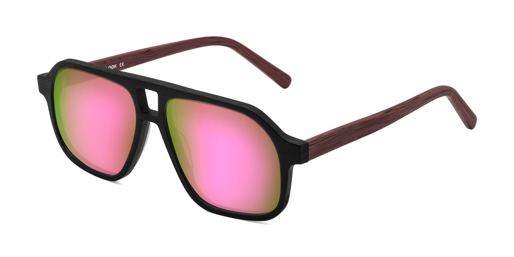 Angle of Edwood in Black-Burgundy Woodgrain with Pink Mirrored Lenses