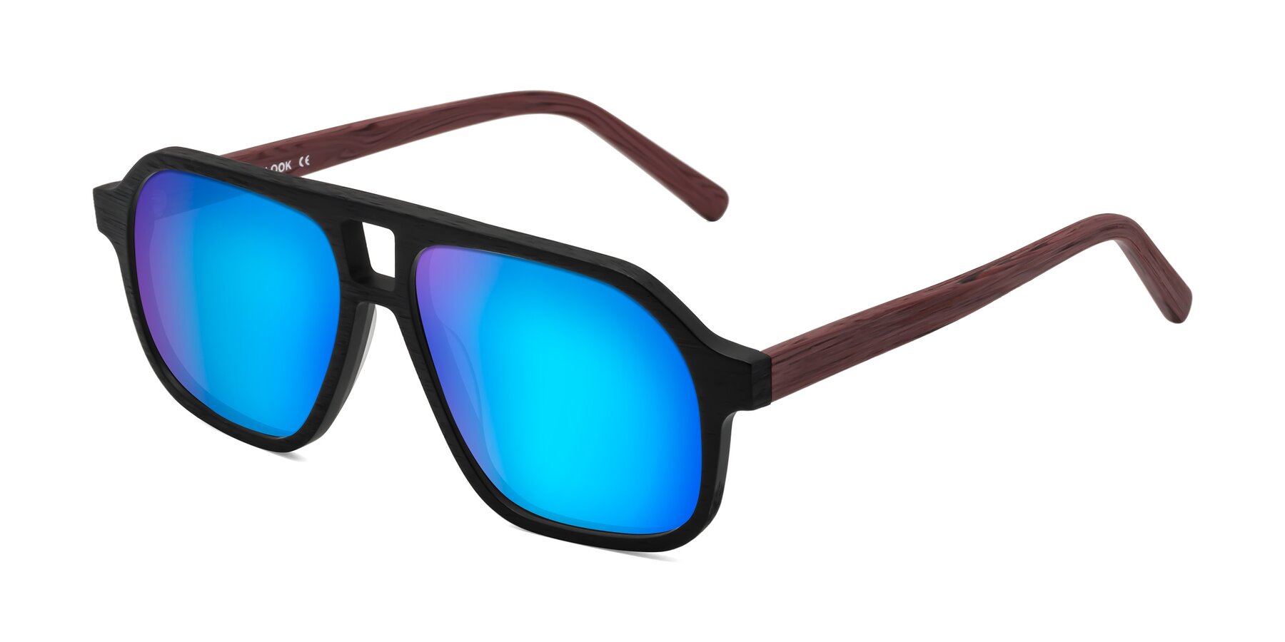 Angle of Edwood in Black-Burgundy Woodgrain with Blue Mirrored Lenses