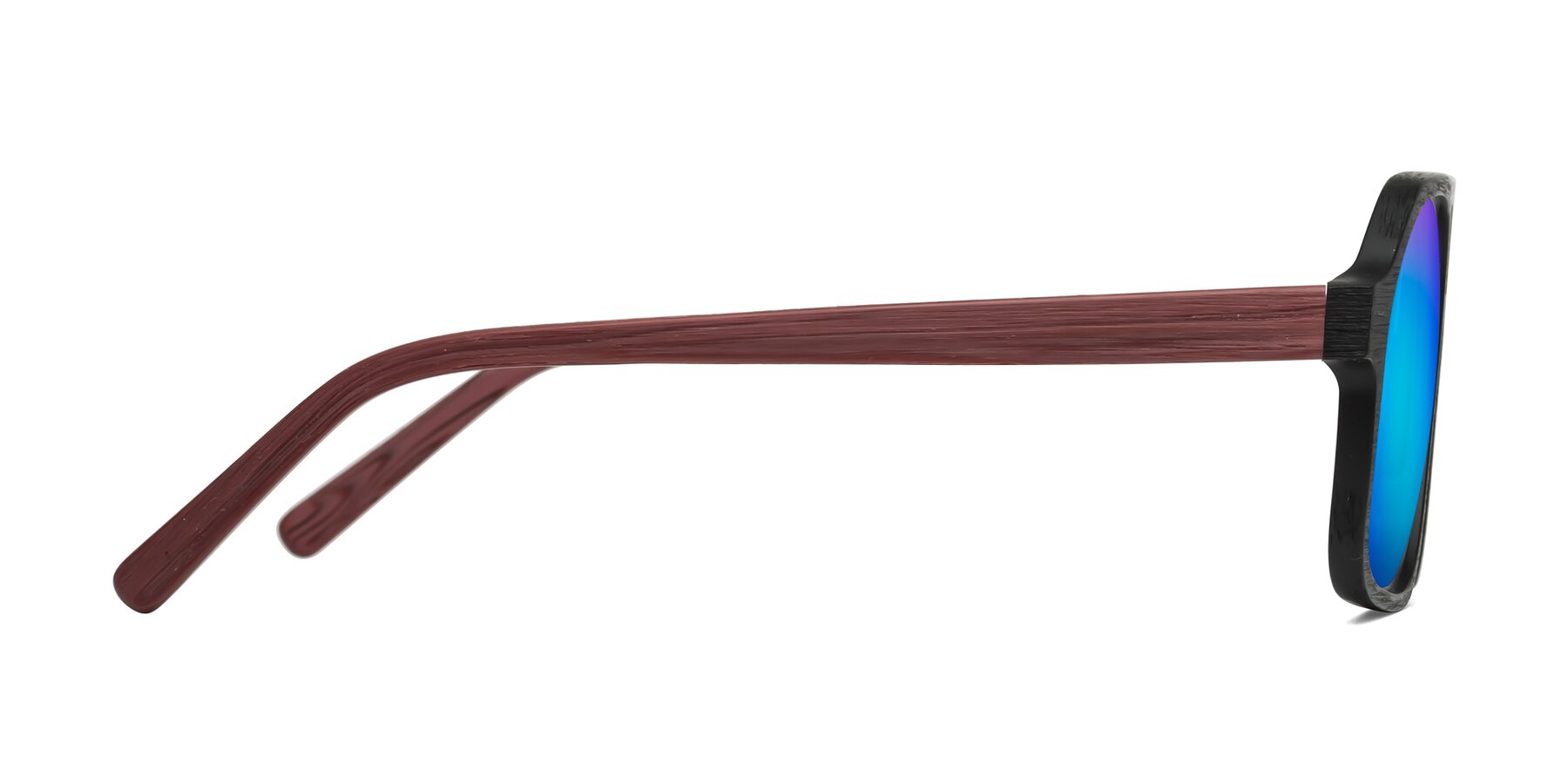 Side of Edwood in Black-Burgundy Woodgrain with Blue Mirrored Lenses