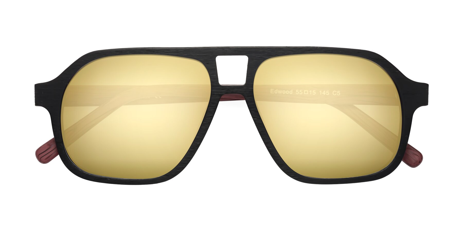 Folded Front of Edwood in Black-Burgundy Woodgrain with Gold Mirrored Lenses