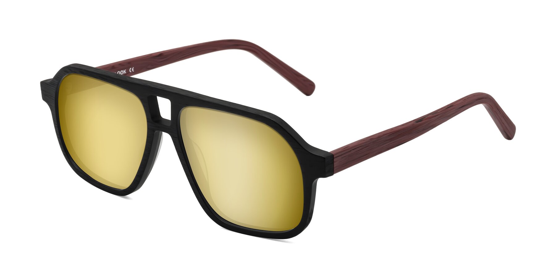 Angle of Edwood in Black-Burgundy Woodgrain with Gold Mirrored Lenses