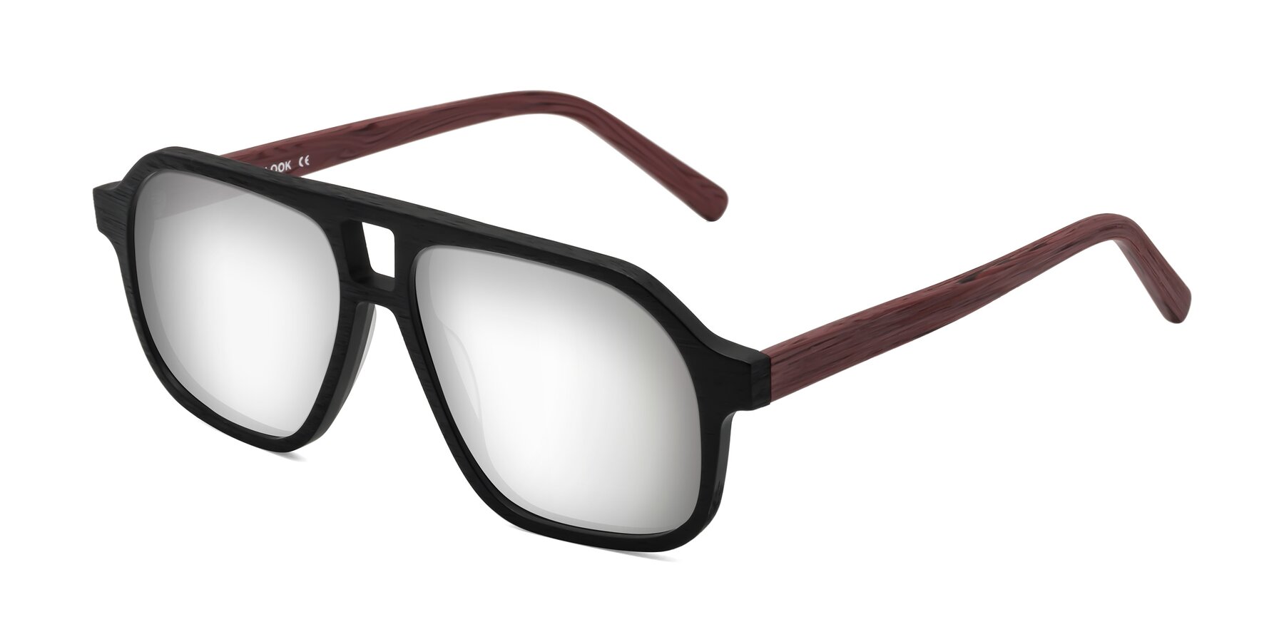 Angle of Edwood in Black-Burgundy Woodgrain with Silver Mirrored Lenses