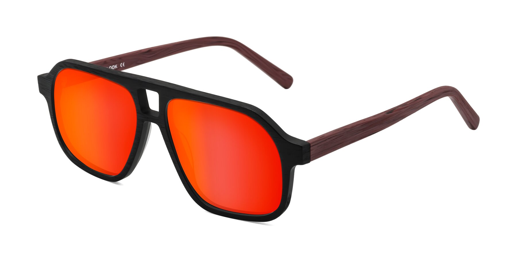 Angle of Edwood in Black-Burgundy Woodgrain with Red Gold Mirrored Lenses