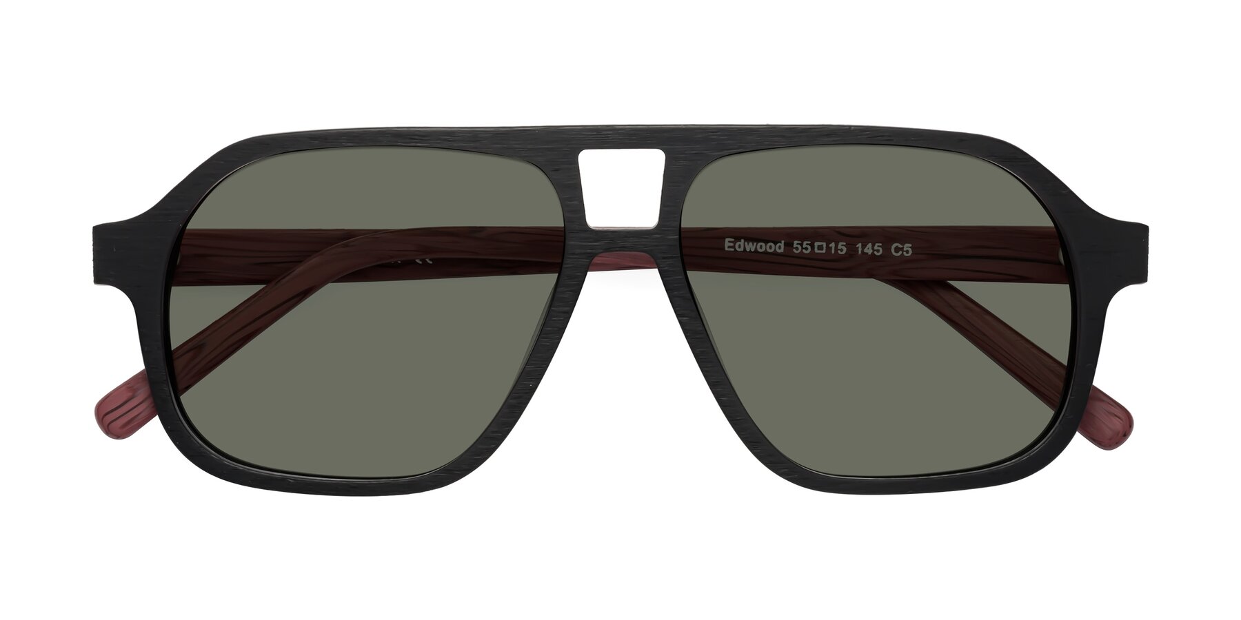 Folded Front of Edwood in Black-Burgundy Woodgrain with Gray Polarized Lenses