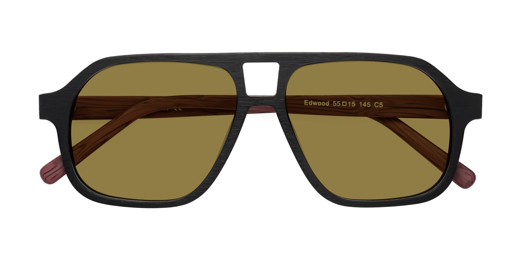 Folded Front of Edwood in Black-Burgundy Woodgrain with Brown Polarized Lenses