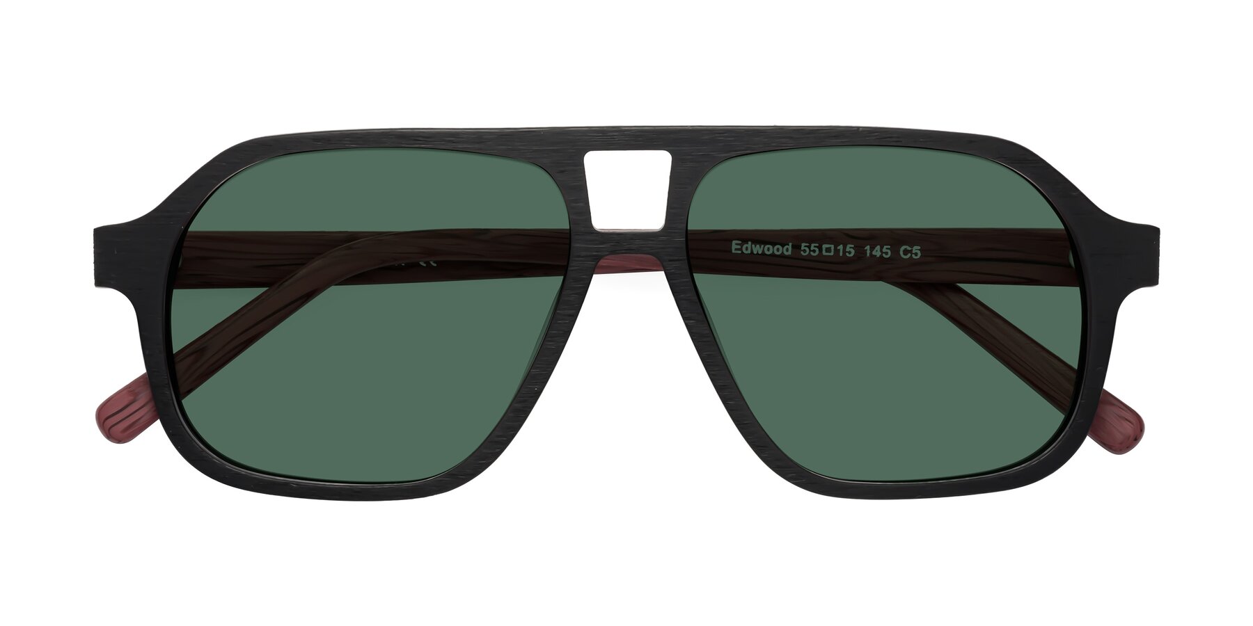 Folded Front of Edwood in Black-Burgundy Woodgrain with Green Polarized Lenses