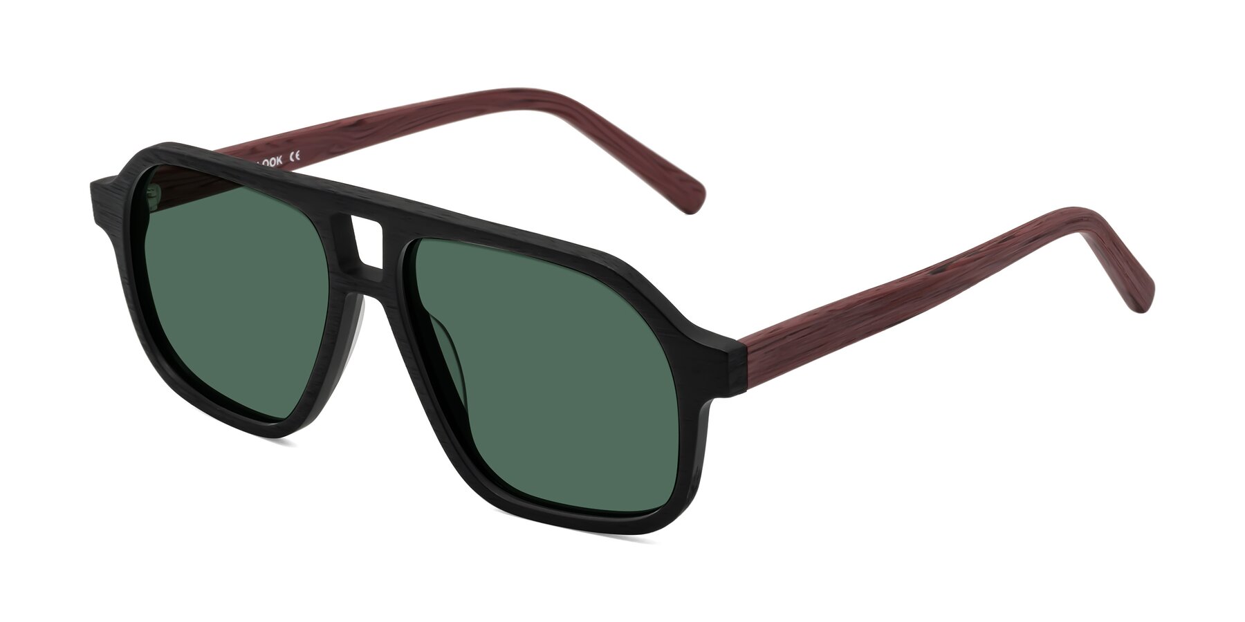 Angle of Edwood in Black-Burgundy Woodgrain with Green Polarized Lenses