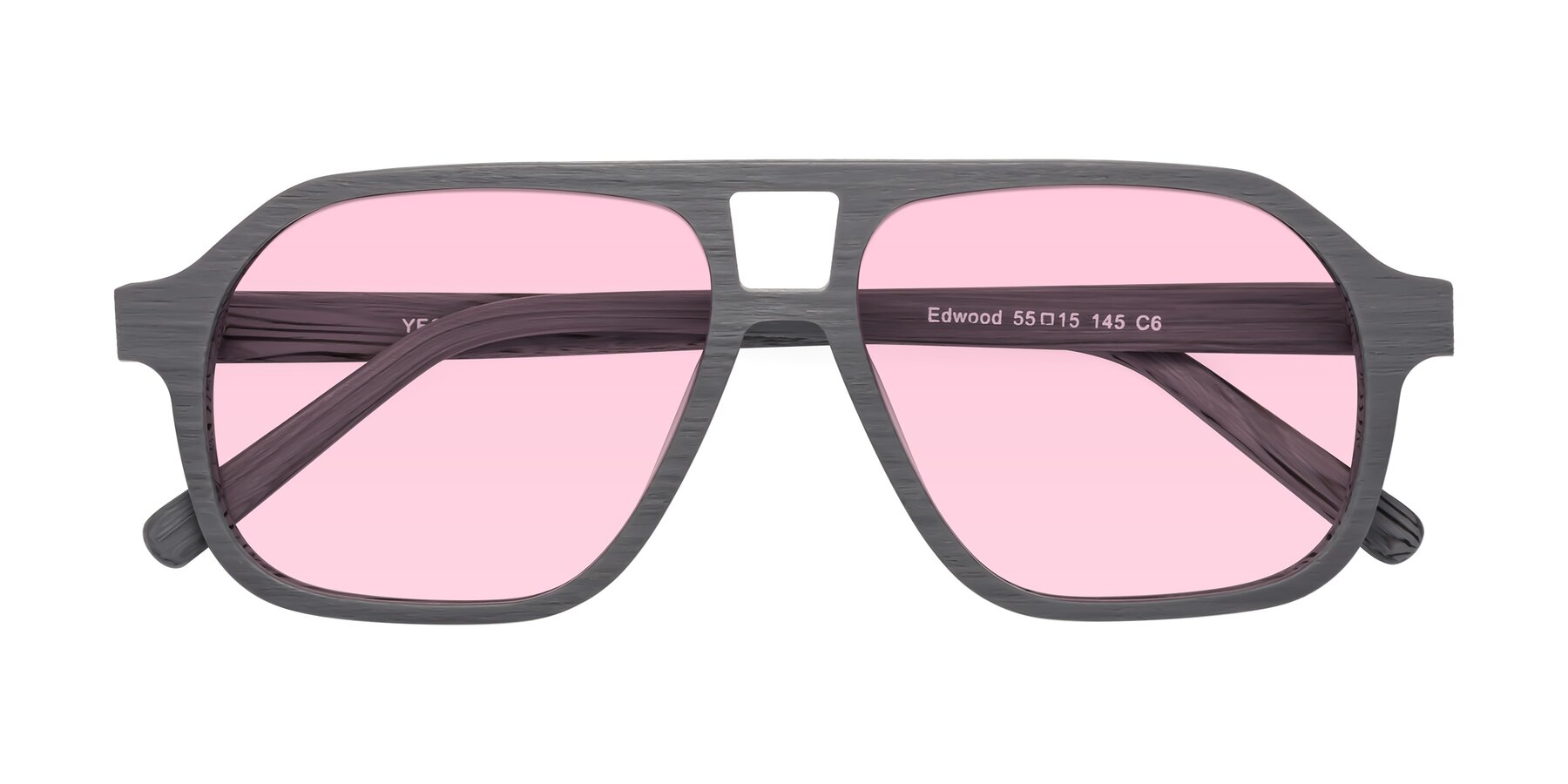 Folded Front of Edwood in Cement Woodgrain with Light Pink Tinted Lenses