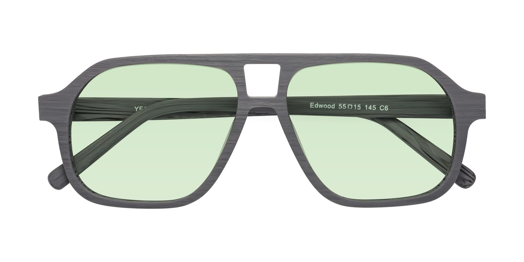 Folded Front of Edwood in Cement Woodgrain with Light Green Tinted Lenses