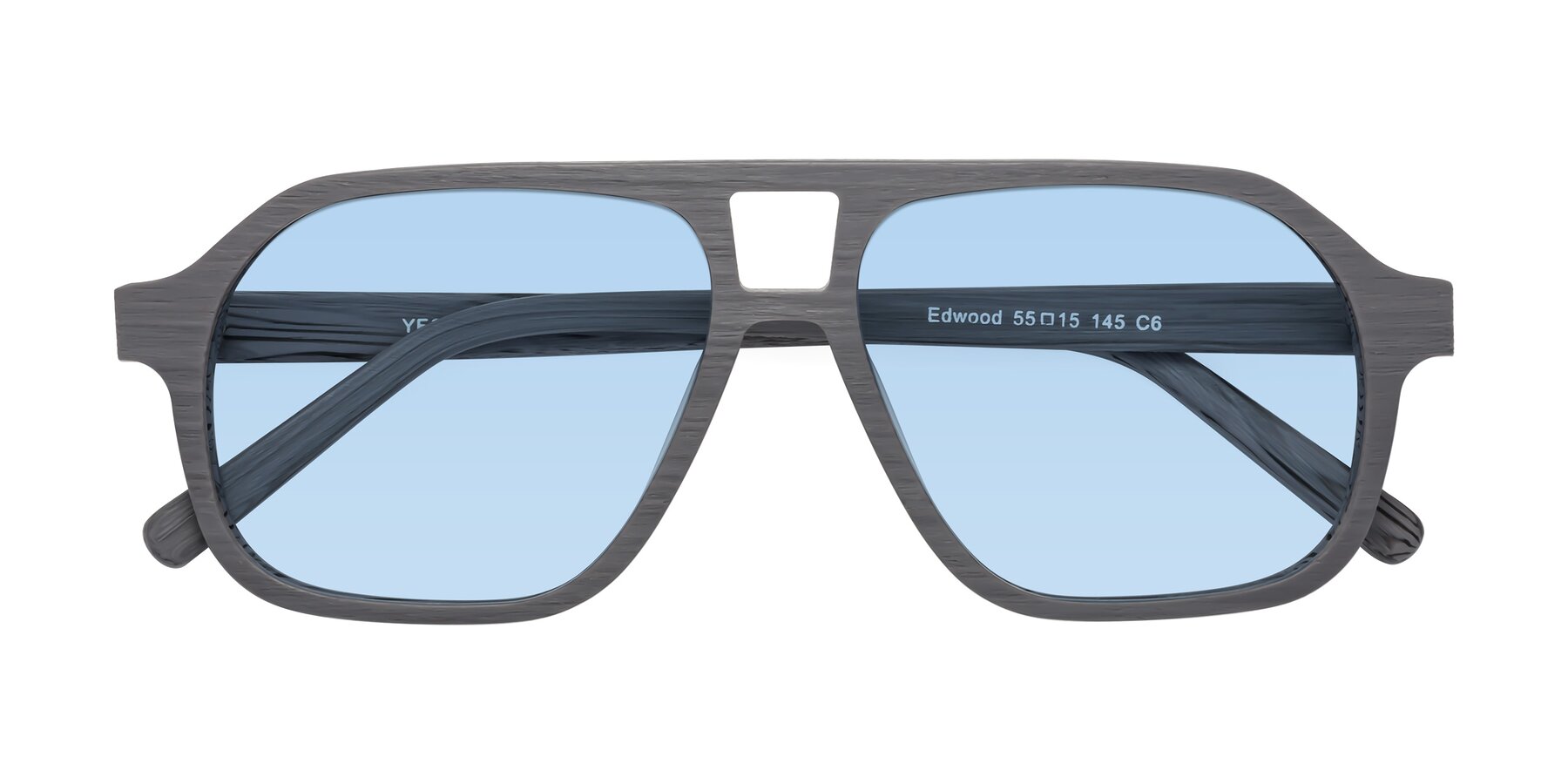 Folded Front of Edwood in Cement Woodgrain with Light Blue Tinted Lenses