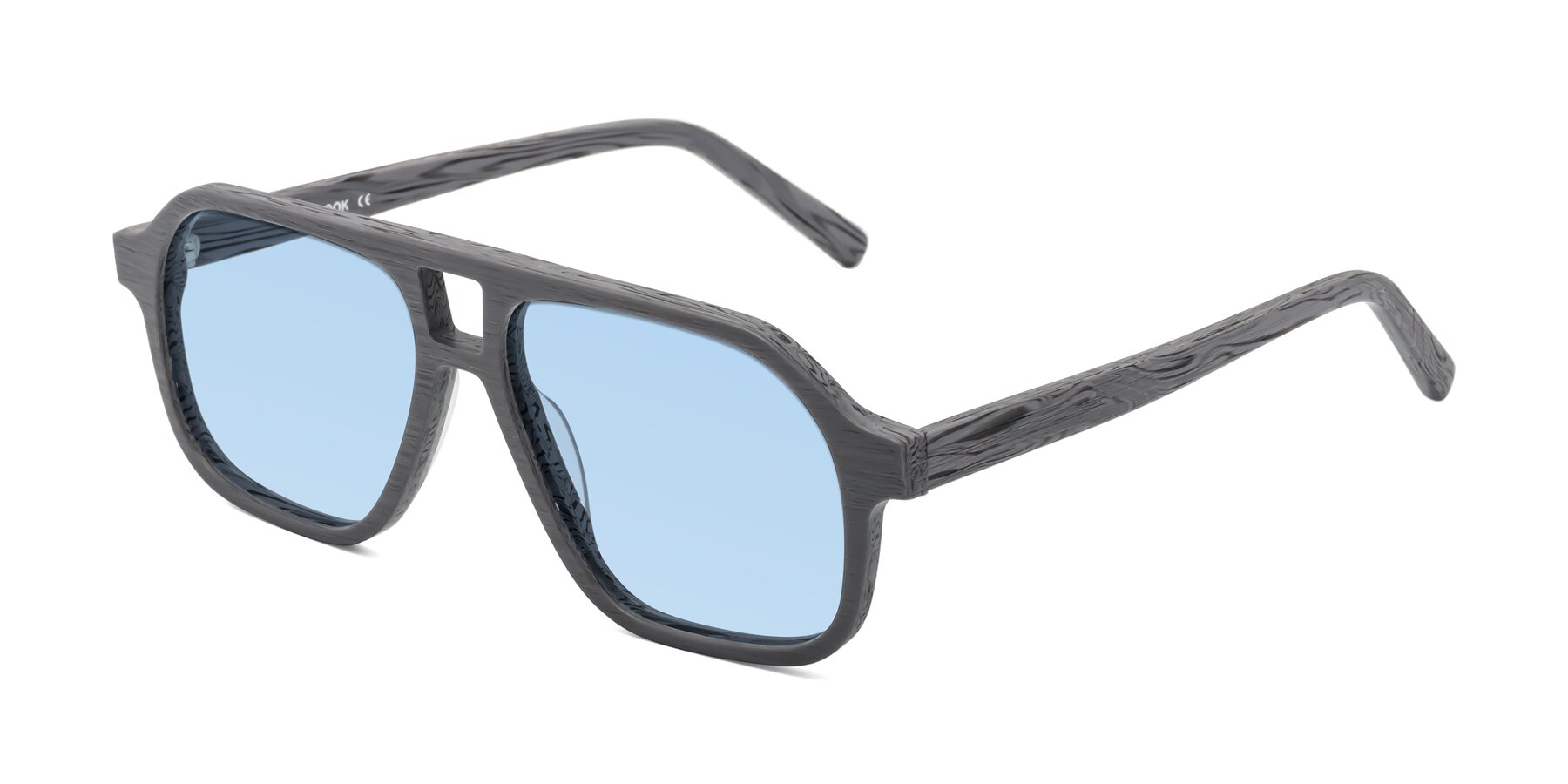 Angle of Edwood in Cement Woodgrain with Light Blue Tinted Lenses