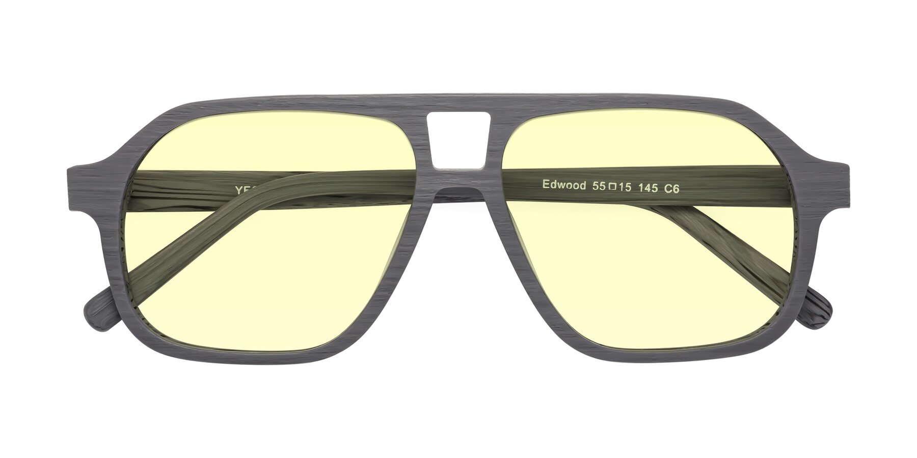 Folded Front of Edwood in Cement Woodgrain with Light Yellow Tinted Lenses