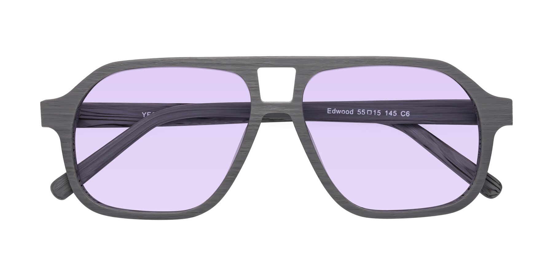 Folded Front of Edwood in Cement Woodgrain with Light Purple Tinted Lenses