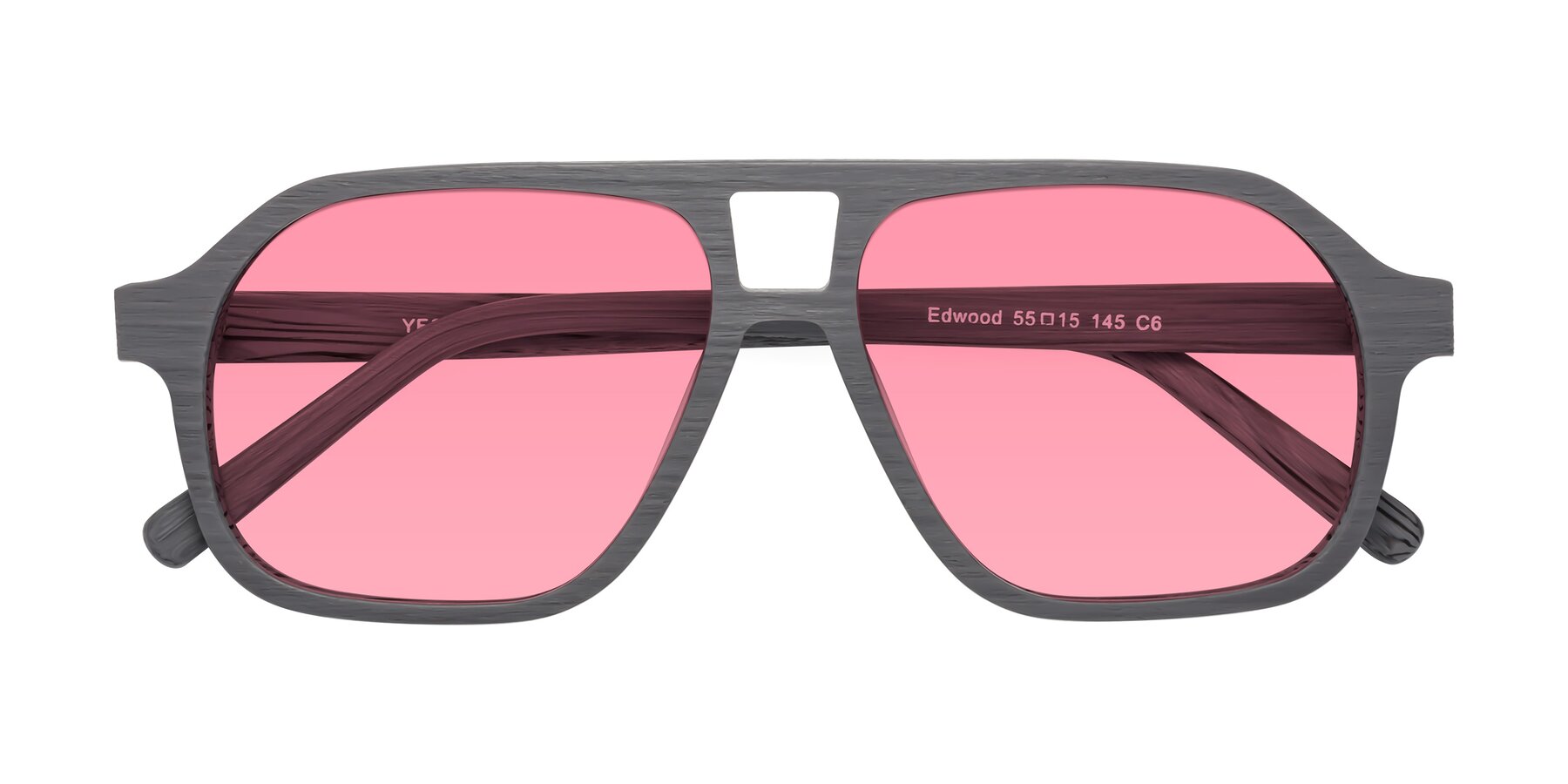 Folded Front of Edwood in Cement Woodgrain with Pink Tinted Lenses