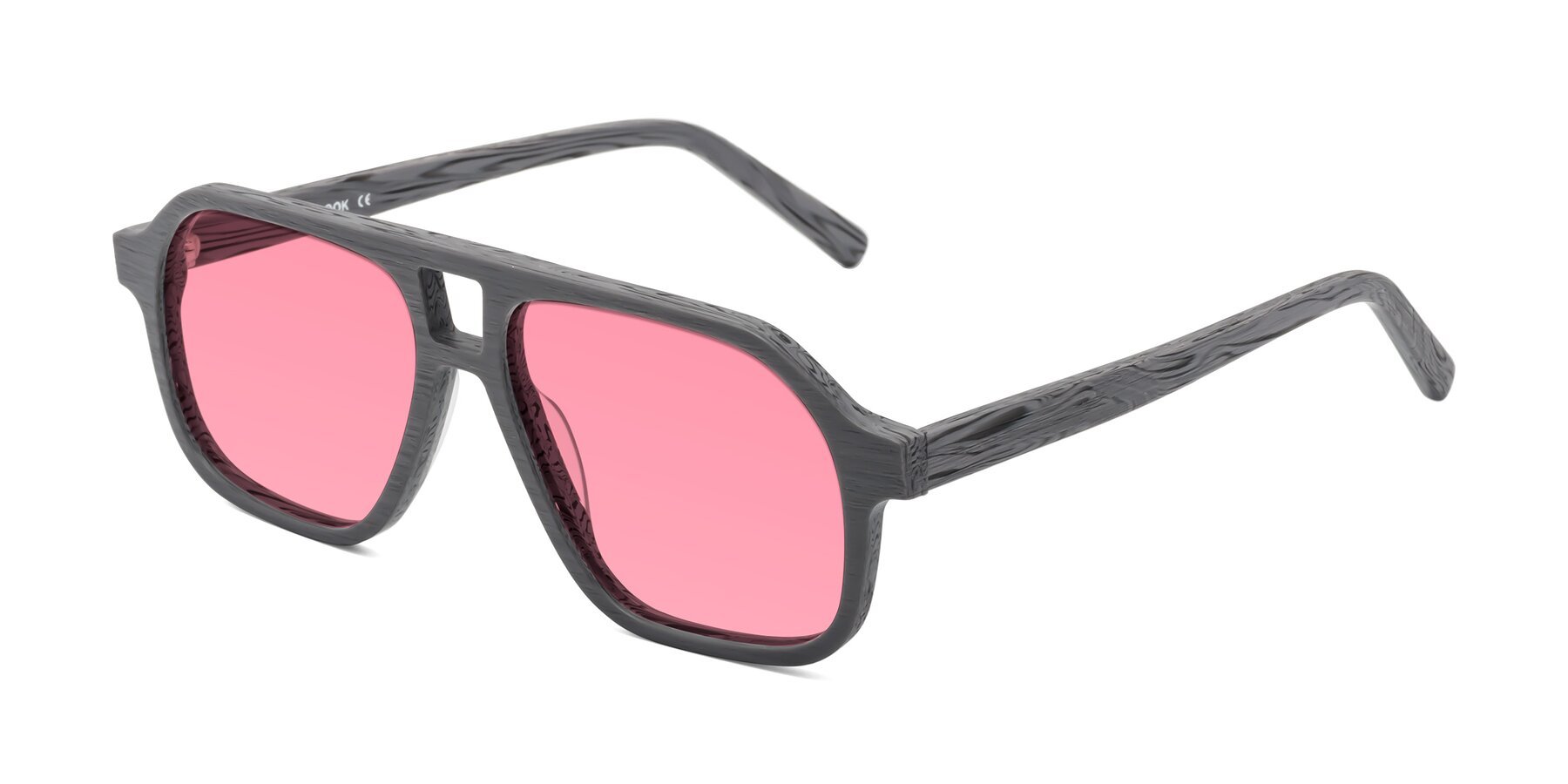 Angle of Edwood in Cement Woodgrain with Pink Tinted Lenses