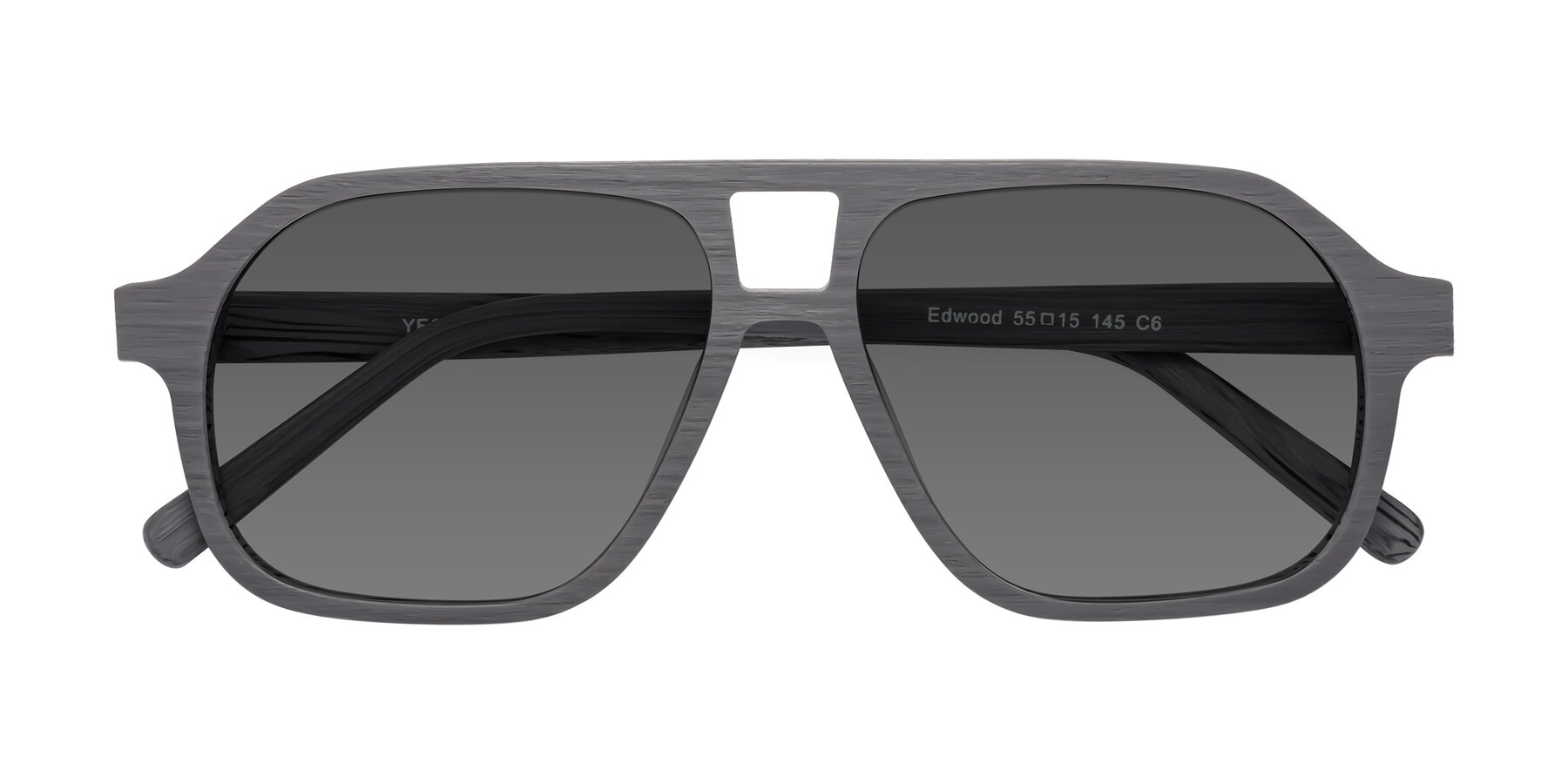 Folded Front of Edwood in Cement Woodgrain with Medium Gray Tinted Lenses