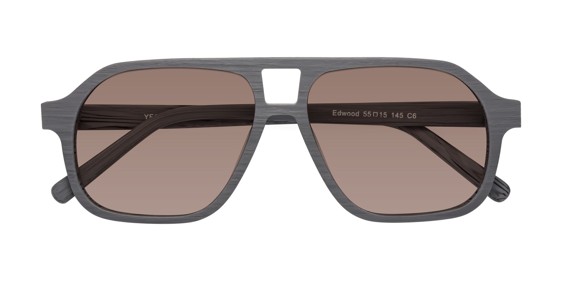 Folded Front of Edwood in Cement Woodgrain with Medium Brown Tinted Lenses