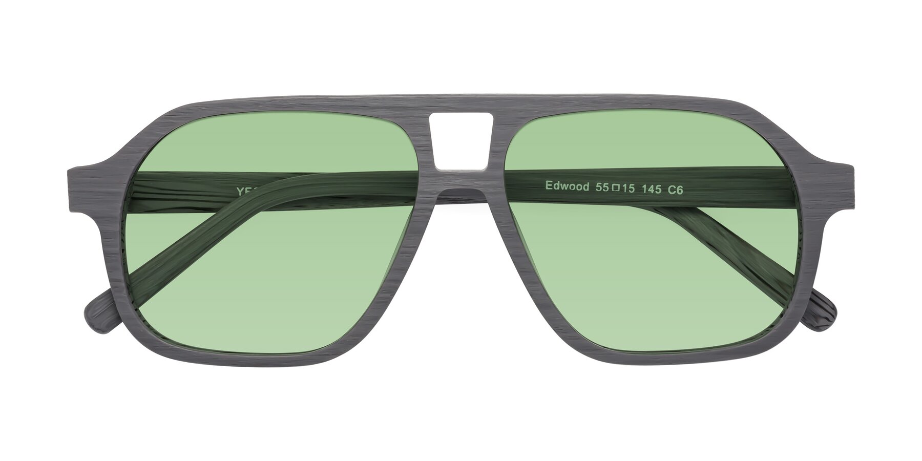 Folded Front of Edwood in Cement Woodgrain with Medium Green Tinted Lenses