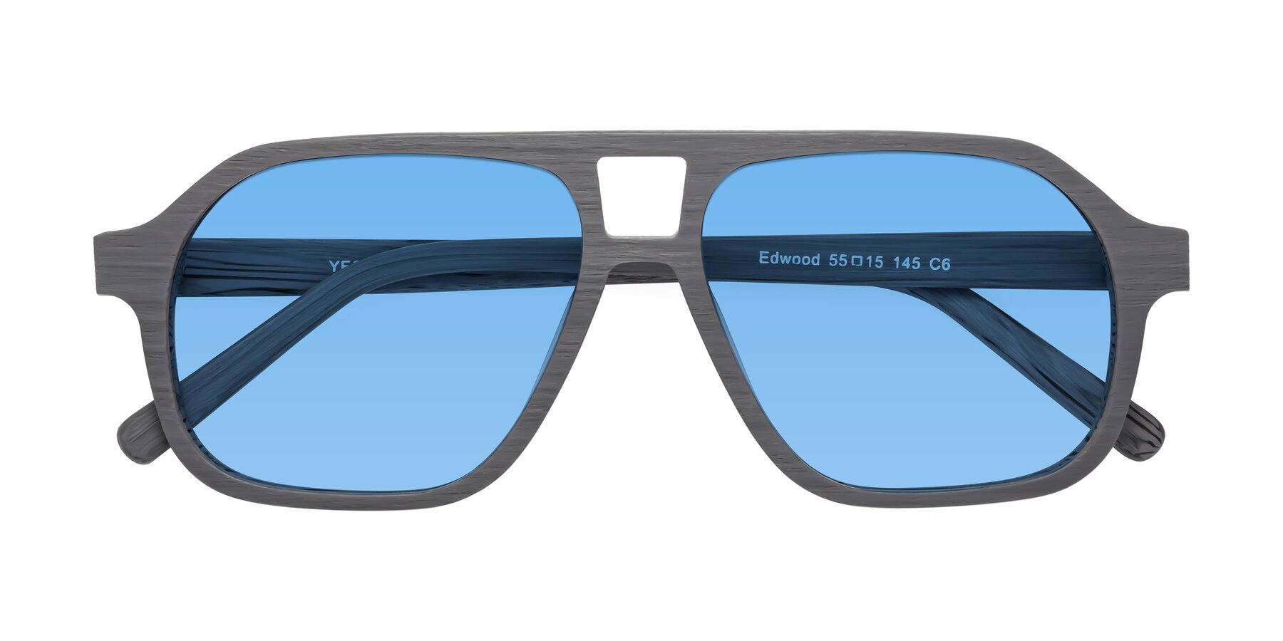 Folded Front of Edwood in Cement Woodgrain with Medium Blue Tinted Lenses