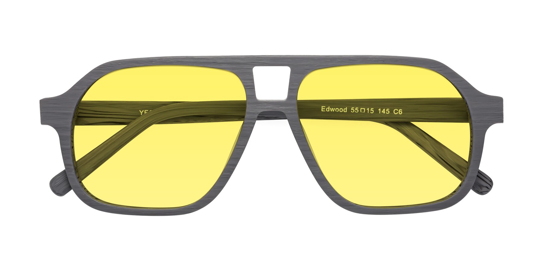 Folded Front of Edwood in Cement Woodgrain with Medium Yellow Tinted Lenses