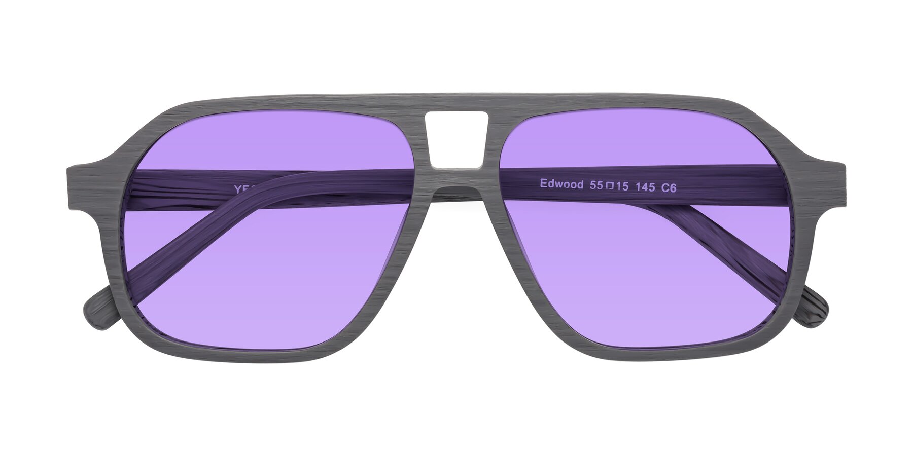 Folded Front of Edwood in Cement Woodgrain with Medium Purple Tinted Lenses