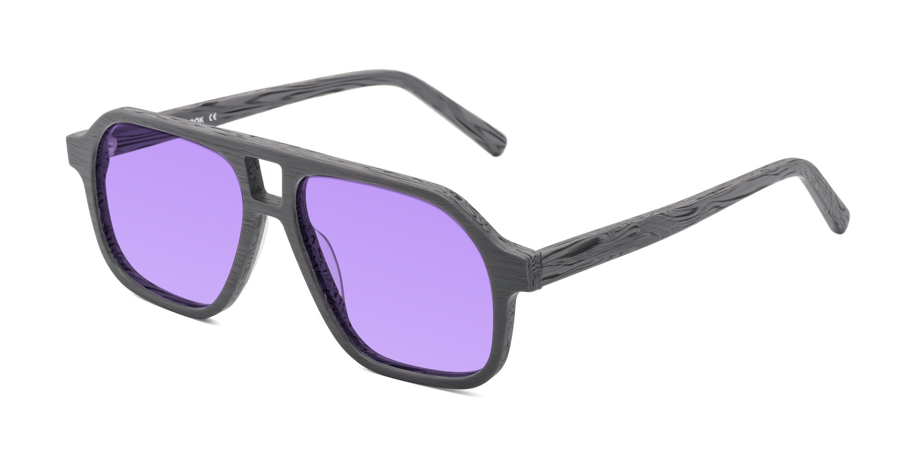 Angle of Edwood in Cement Woodgrain with Medium Purple Tinted Lenses