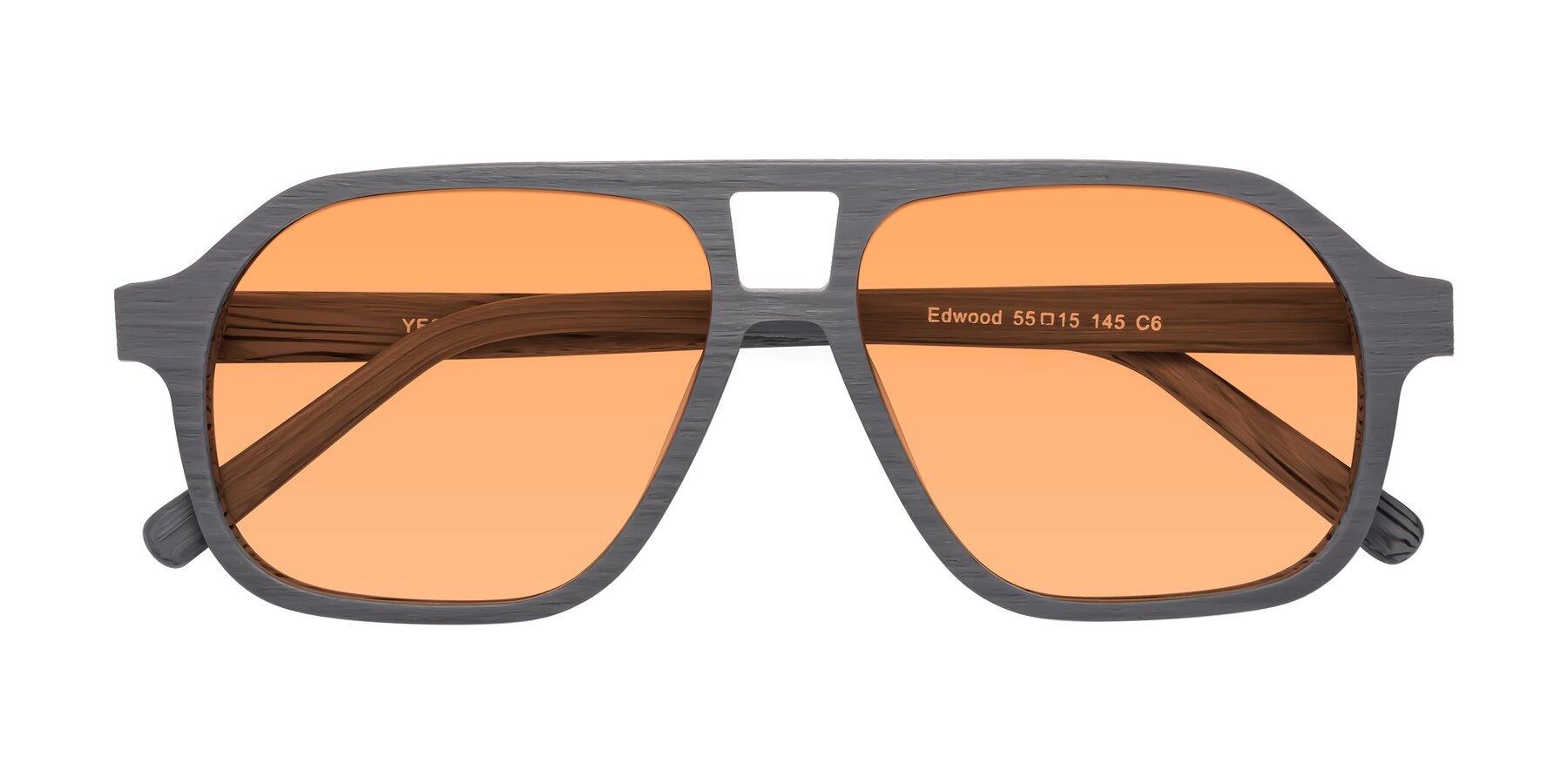 Folded Front of Edwood in Cement Woodgrain with Medium Orange Tinted Lenses