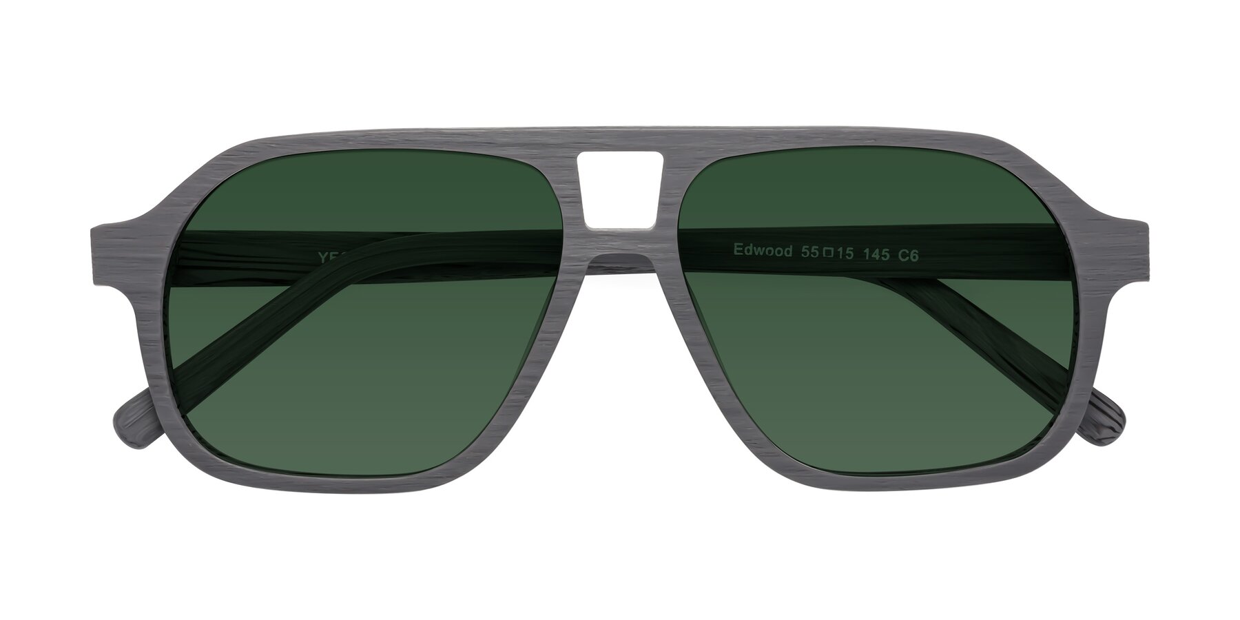 Folded Front of Edwood in Cement Woodgrain with Green Tinted Lenses