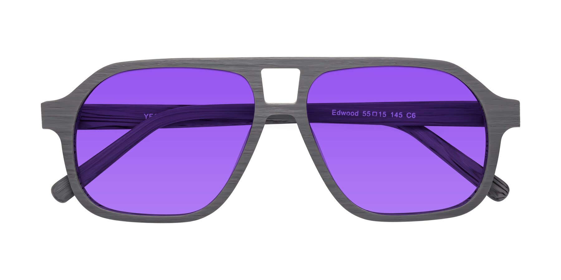 Folded Front of Edwood in Cement Woodgrain with Purple Tinted Lenses