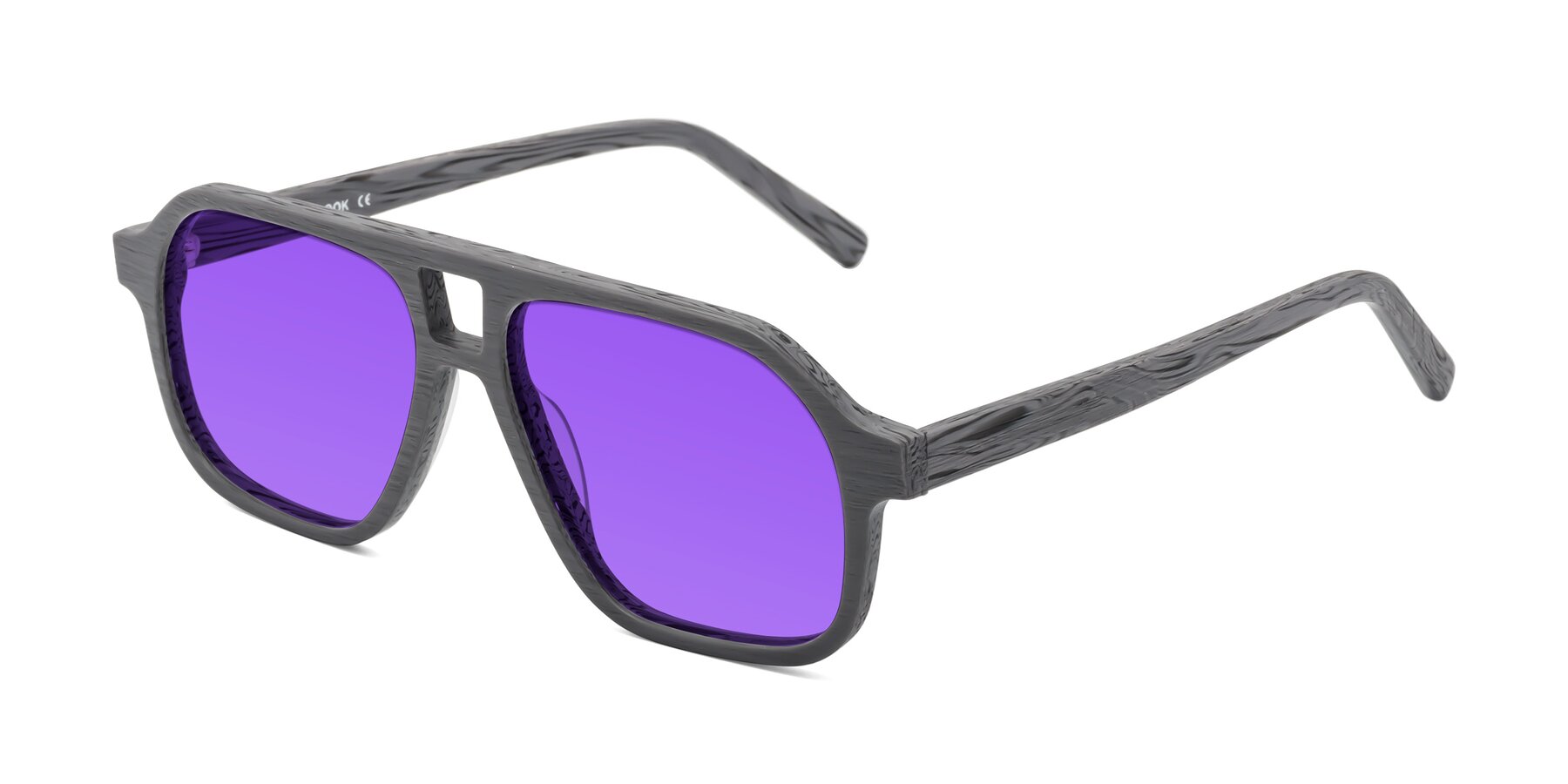 Angle of Edwood in Cement Woodgrain with Purple Tinted Lenses