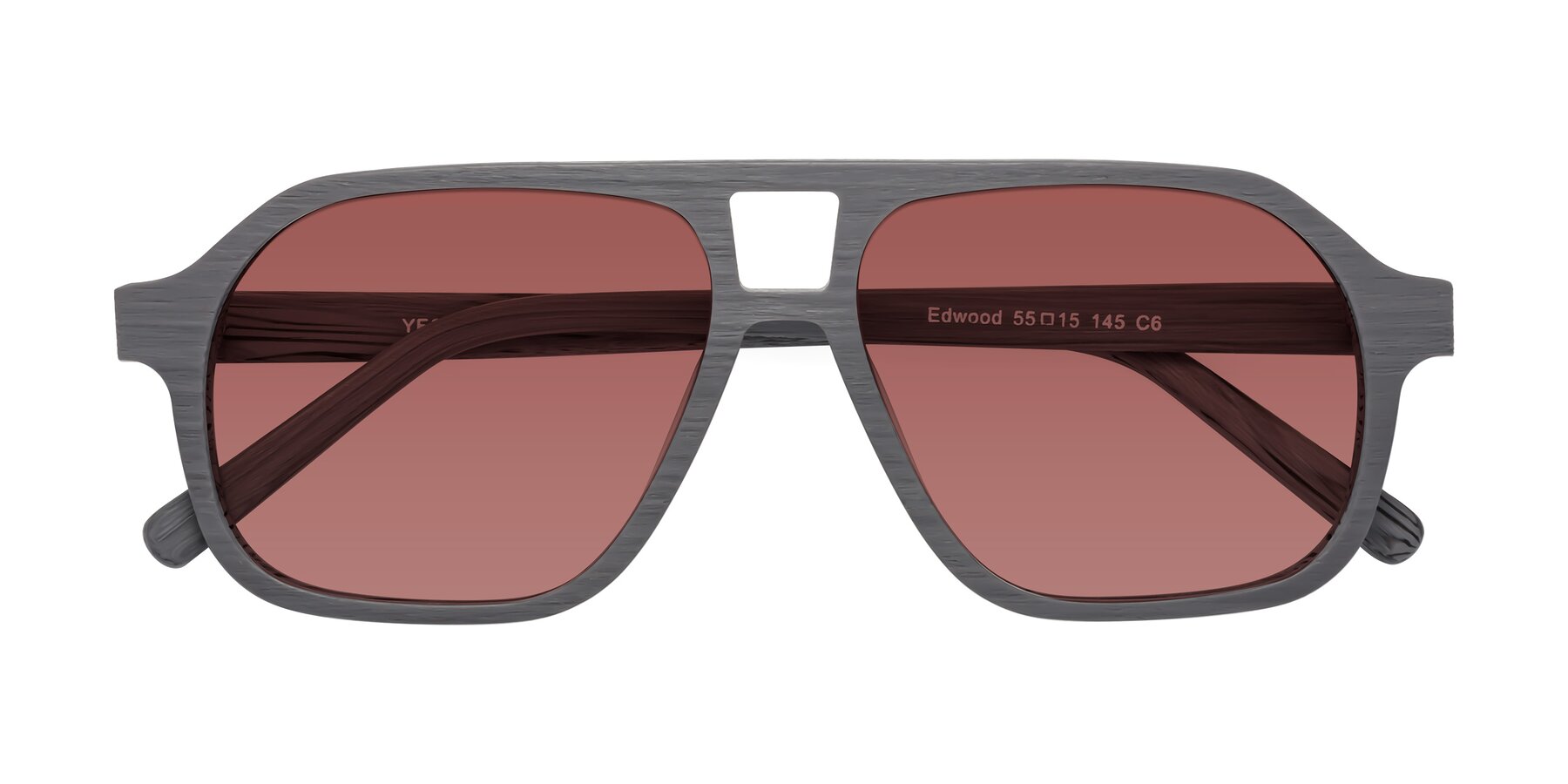 Folded Front of Edwood in Cement Woodgrain with Garnet Tinted Lenses