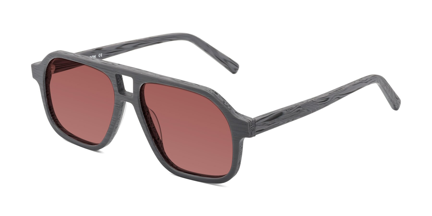 Angle of Edwood in Cement Woodgrain with Garnet Tinted Lenses