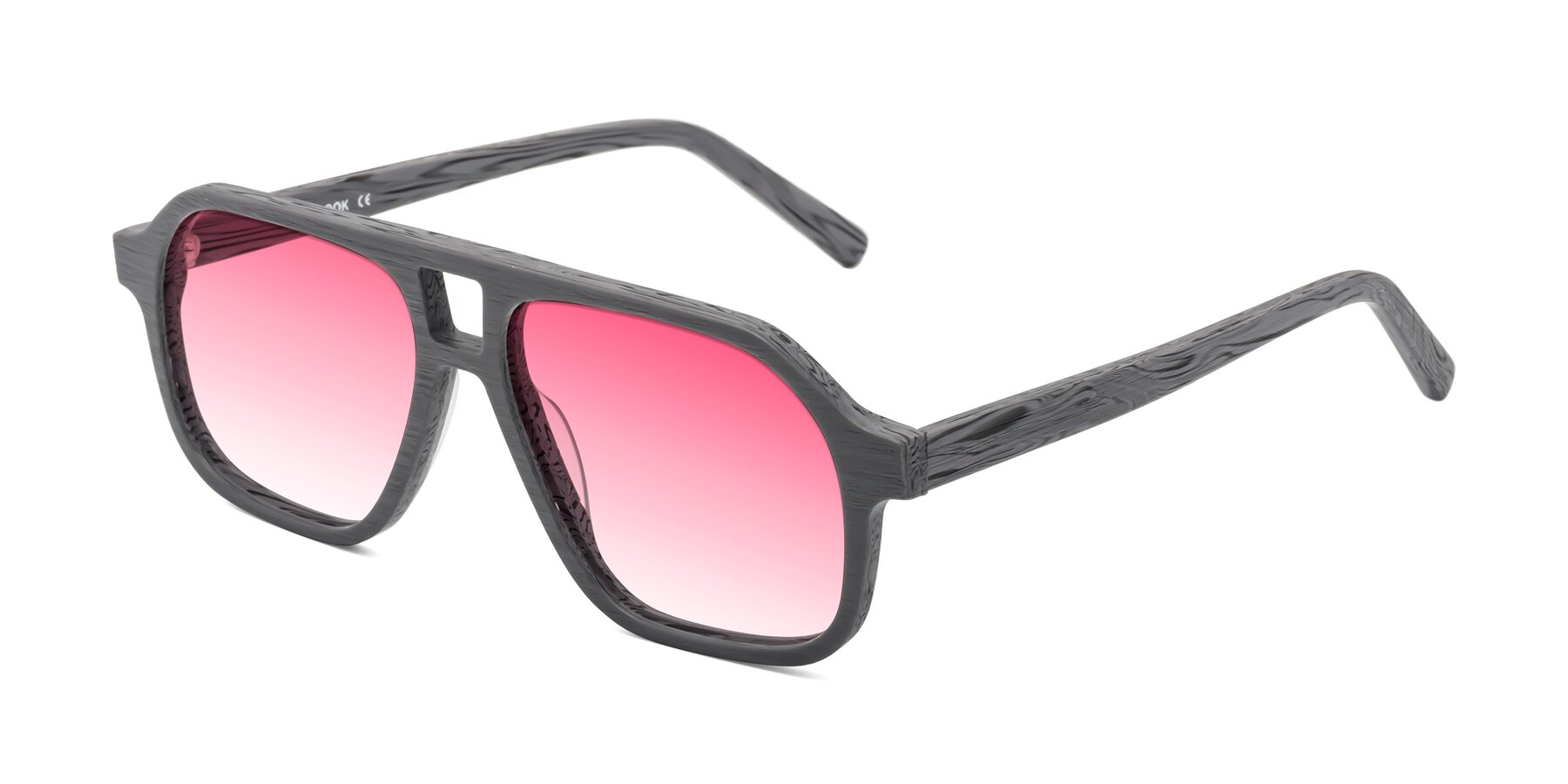 Angle of Edwood in Cement Woodgrain with Pink Gradient Lenses